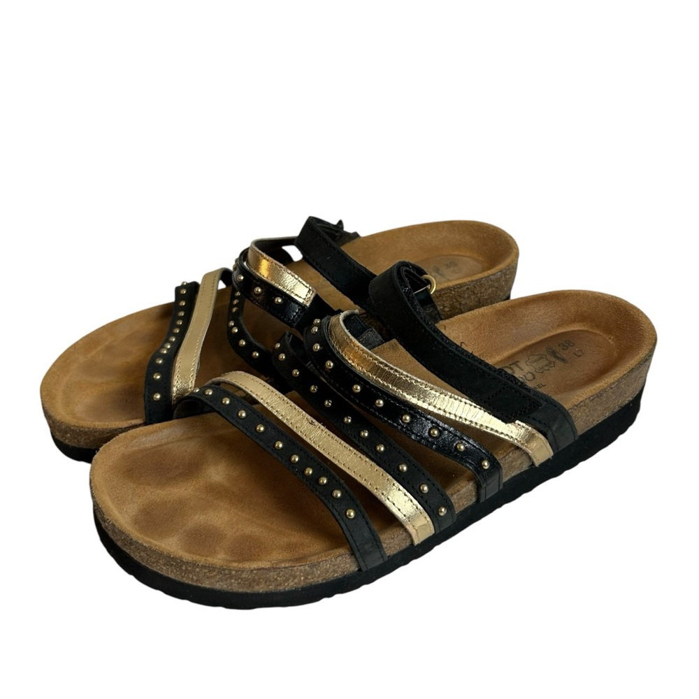 NOAT PRESCOTT Slide Sandal Leather Black/Gold Cork Wedge US 7 EU 38 - Picture 5 of 12
